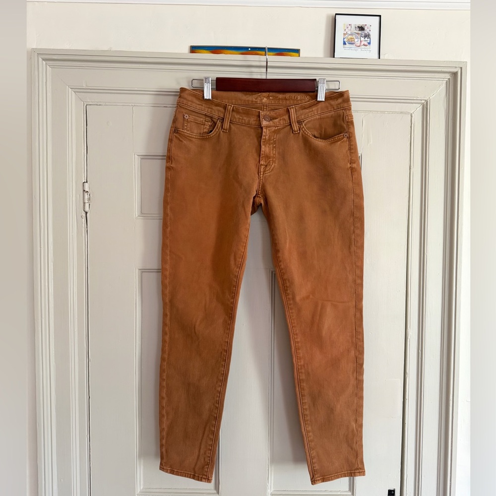 7 For All Mankind High-Waist Chocolate Coated Ankle Skinny Jean, Size 28, Brown